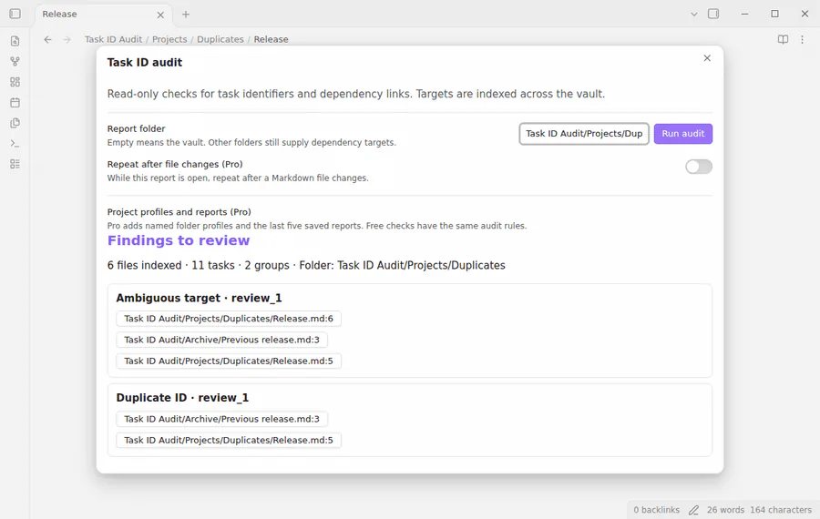 Audit sample project tasks, inspect a cycle, and open a source line