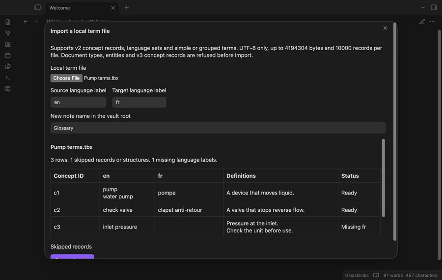 Local glossary preview, language selection and merge review