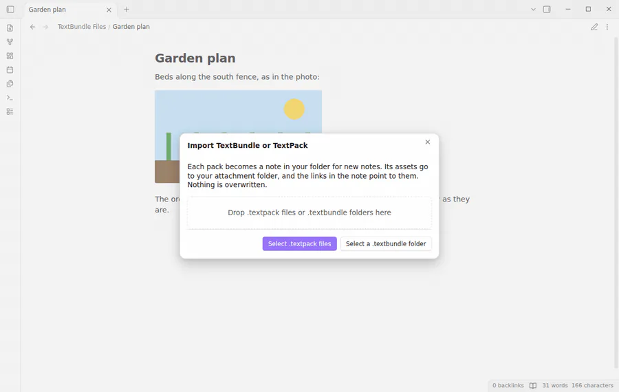 The import window, the list of imported packs, the imported note with its images, and the export of a note as a TextPack.