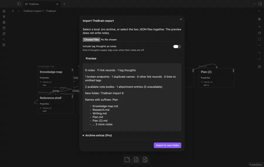 A local export preview followed by imported notes and the count report.