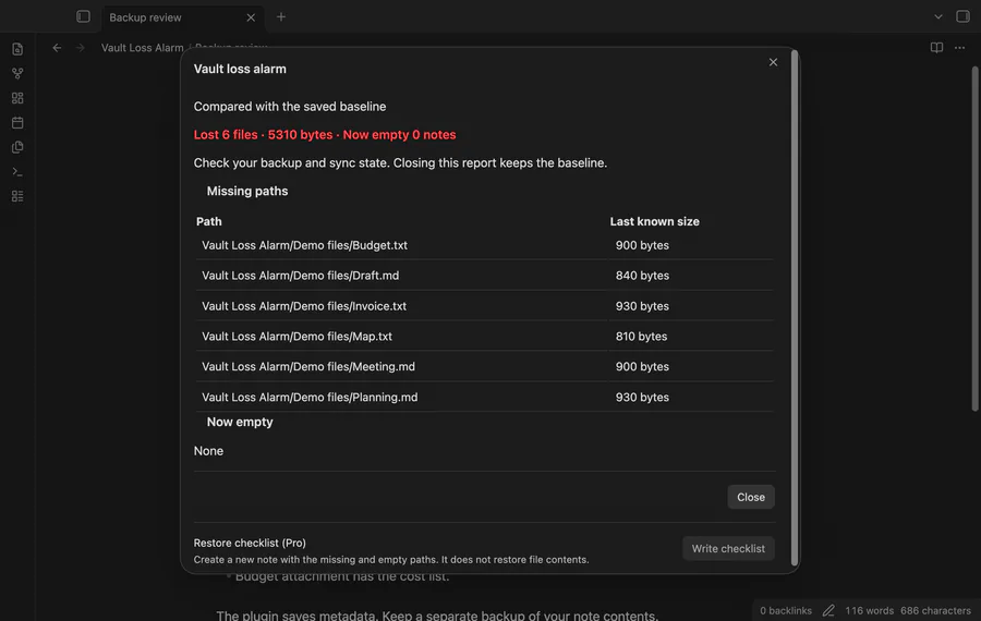 Check a vault, inspect missing paths and an empty note, then create a restore checklist