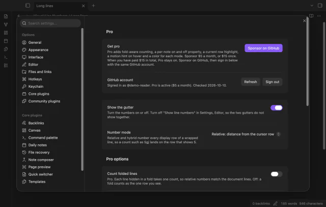 The settings tab with the Pro section, the Show the gutter switch and the Number mode list set to relative.