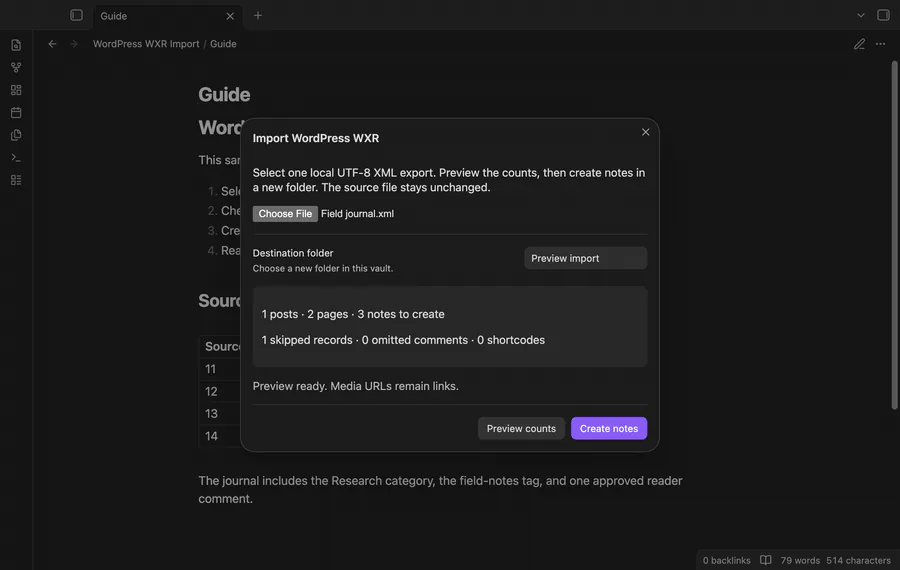 Preview a WordPress export and read its imported notes