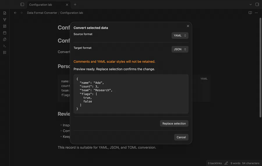 A YAML selection converted to JSON and then previewed as TOML