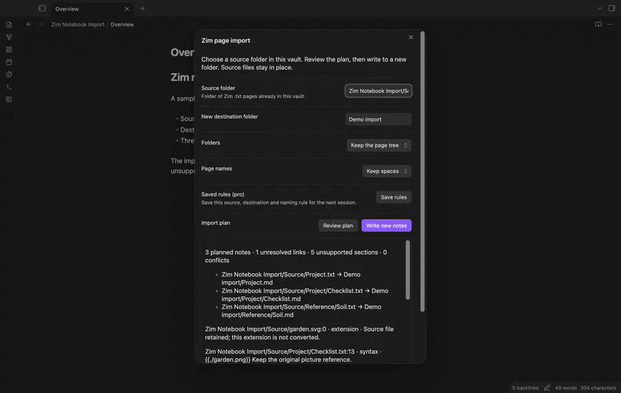 The demo shows a source plan, an imported garden note and its conversion report.